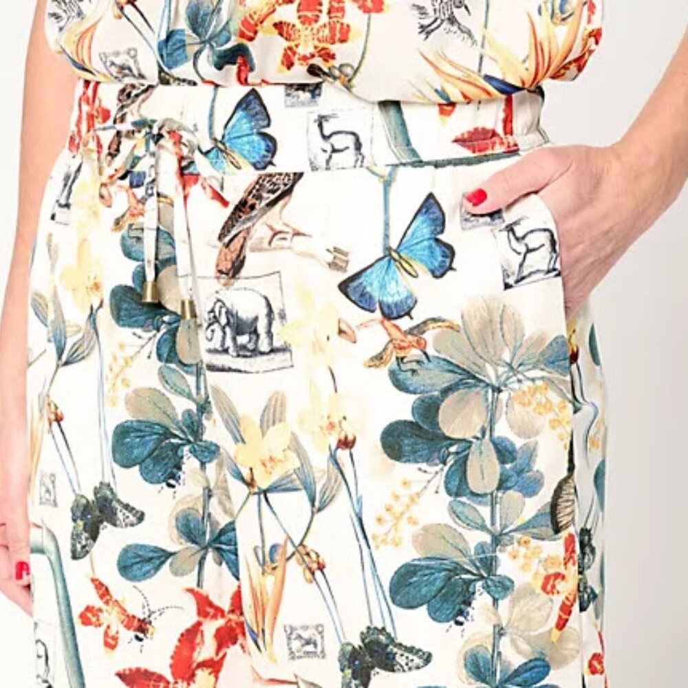 Nicole Miller Floral and Butterfly Print Drawstring Ankle Pants. - Picture 2 of 7